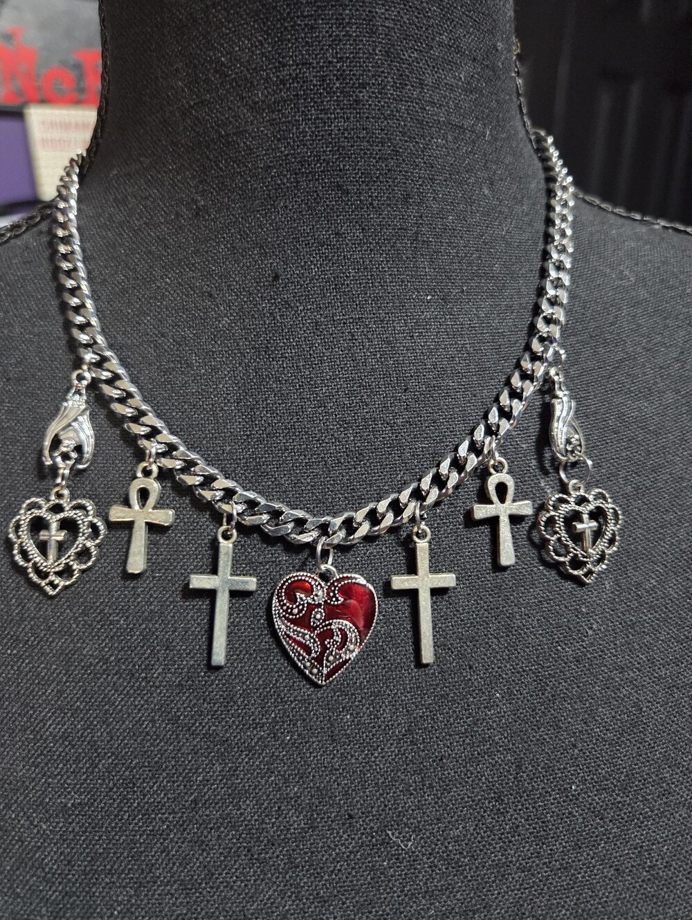 Handmade Necklace Heart Ankh Cross Bat Charm Stainless Steel Goth Emo Silver Red